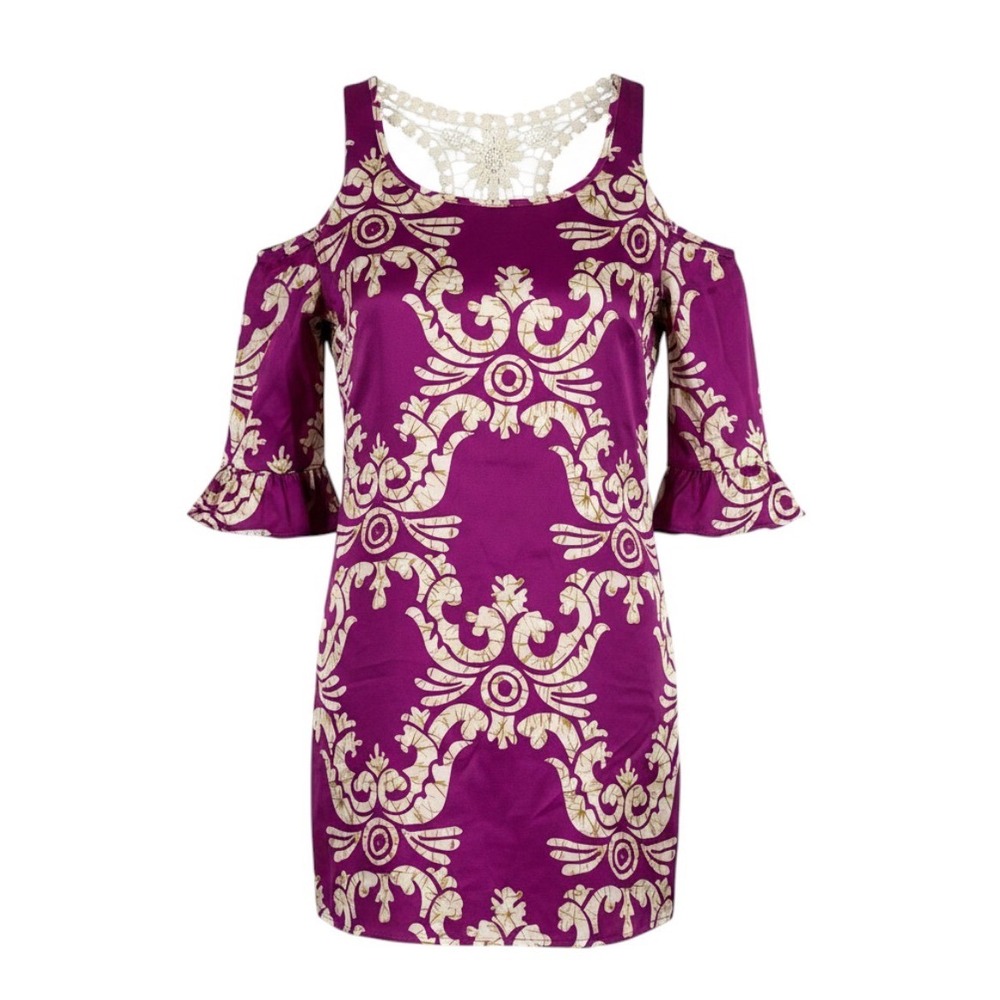 Voom by Joy Han 100% Silk Dress XS Y2K Boho Cold Shoulder Crochet Bell Sleeve